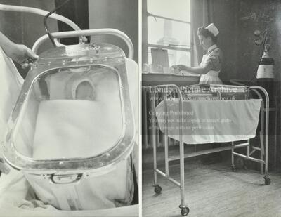 Baby in an oxygen tent in maternity home